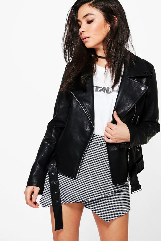 Mia Plait Detail Faux Leather Belted Biker Jacket